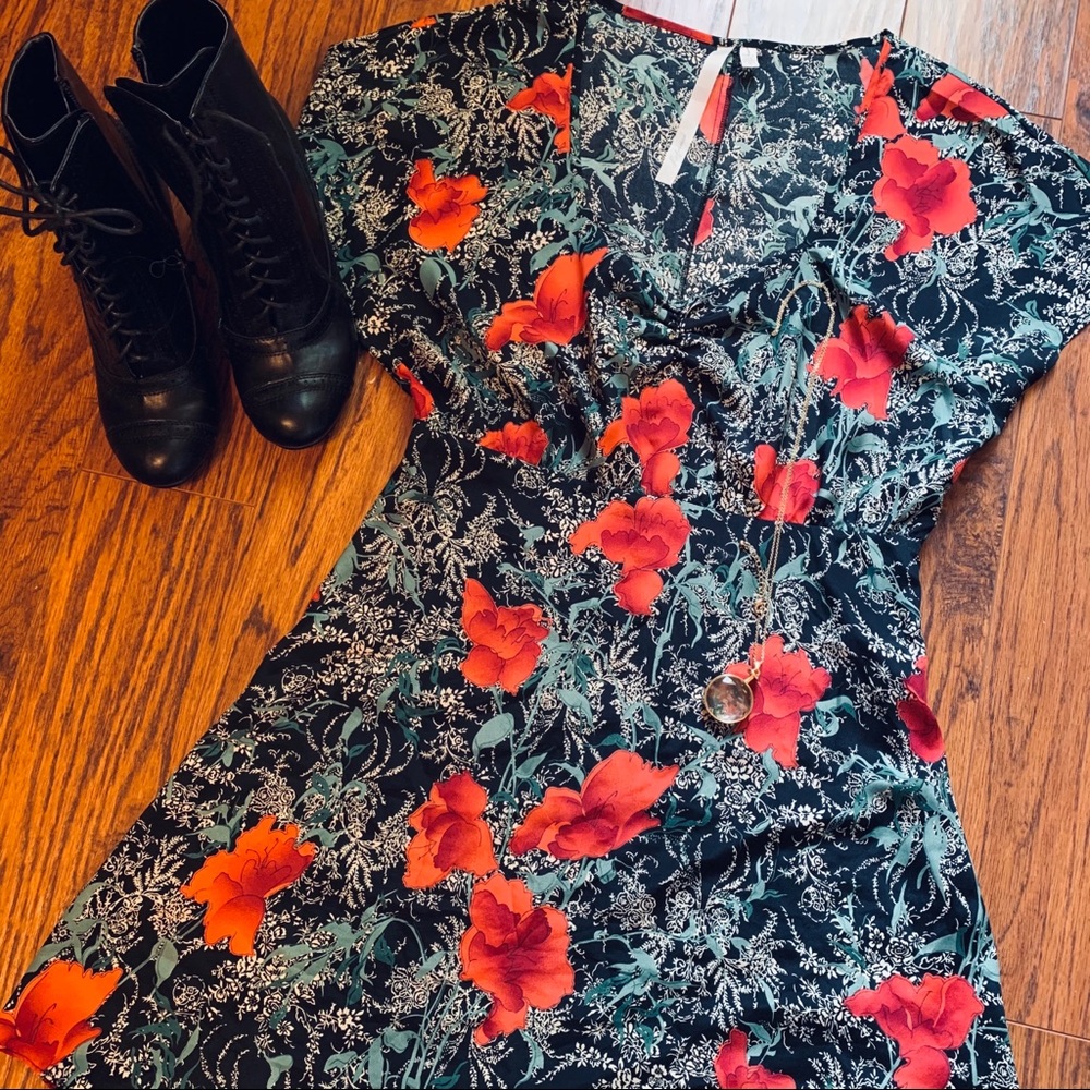 Urban Outfitters Black Mini Dress with Red Floral Pattern